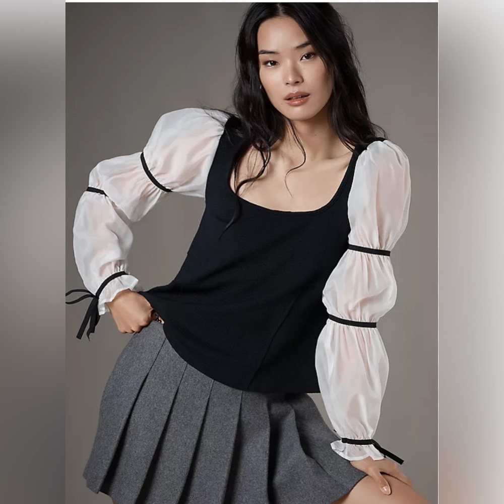 ANTHROPOLOGIE Maeve Women’s Sheer Ribbon Sleeves Top, NWT